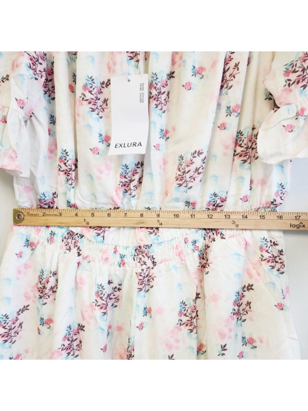 Floral Off-Shoulder Short Romper Exlura Elastic Waist White Womens Size XL - Picture 5 of 7